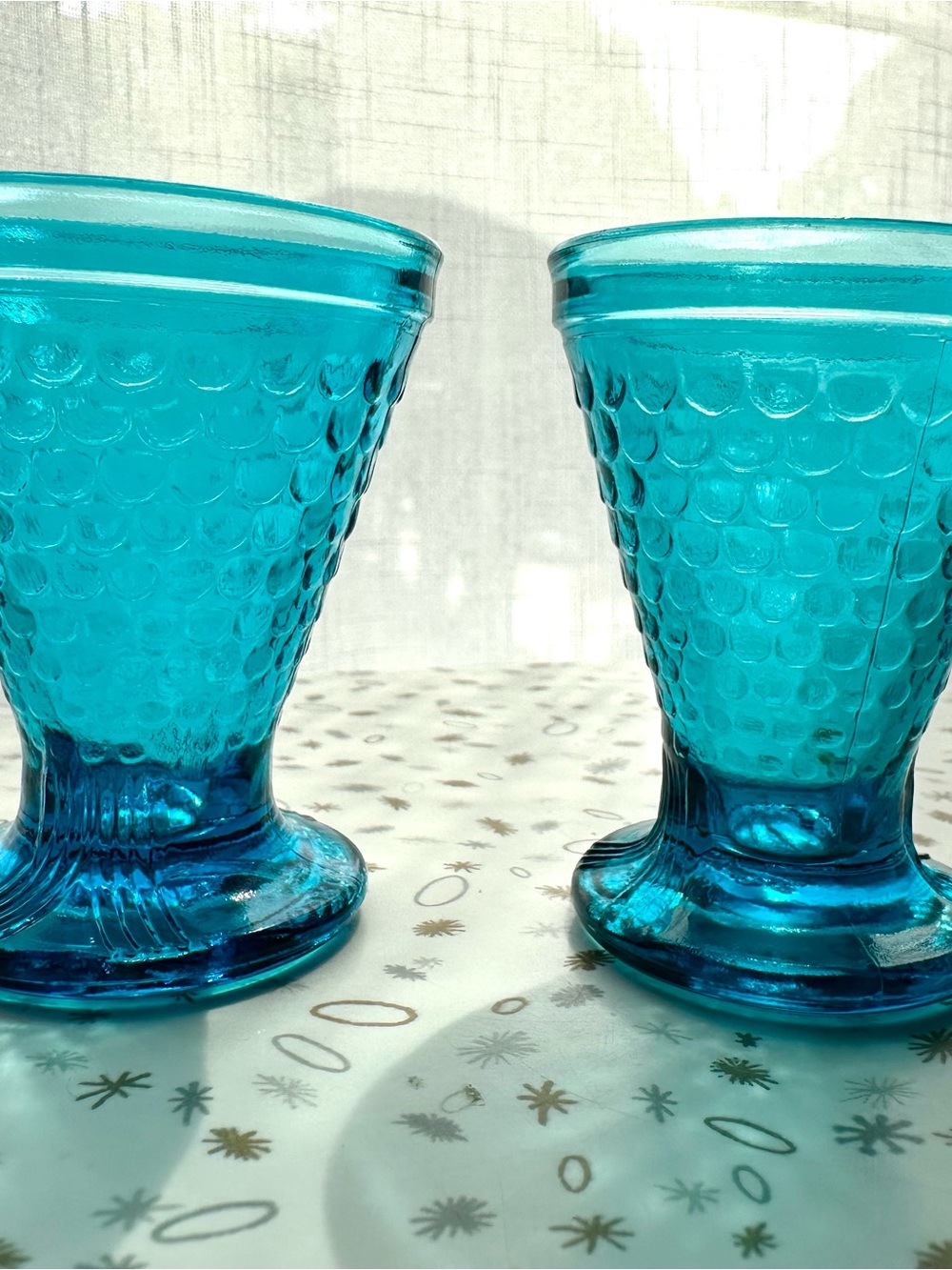 Vintage Norwegian Sildakongen Teal Blue Fish Scale Shot Glass Pair